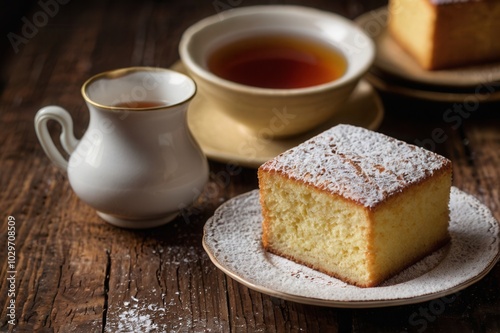 a plate of castella cake and a cup of tea