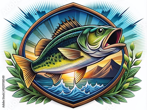 Bass Fish Emblem Badge Logo for Fishing Club - Surreal Vector Art Adventure Design photo