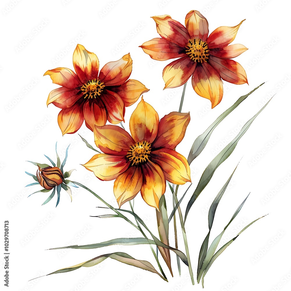 Fototapeta premium Watercolor Orange Coreopsis Isolated on White Background. Beautiful Coreopsis Flower