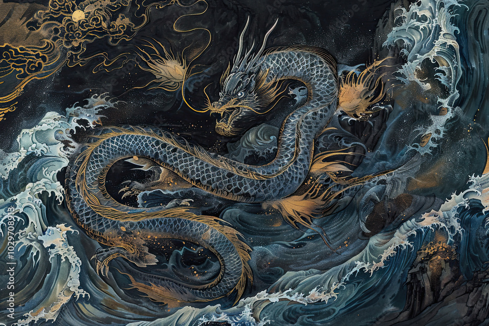 Fototapeta premium chinese dragon statue in the sea