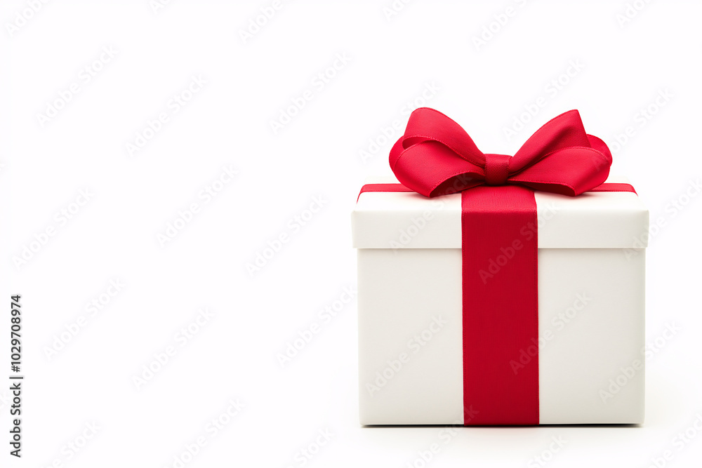Obraz premium Elegant White Gift Box with Red Ribbon for Celebrations and Special Occasions