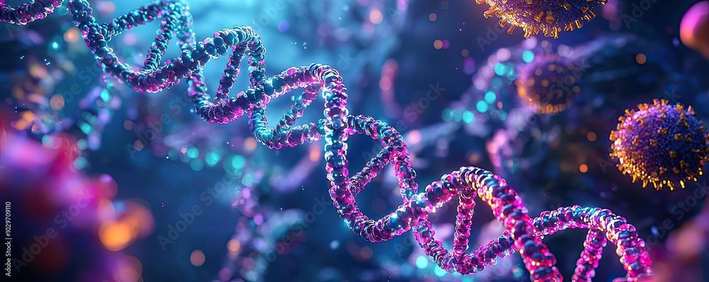 Colorful representation of DNA strands and virus particles in a abstract background. Colorful representation of DNA strands and virus particles in a abstract background.