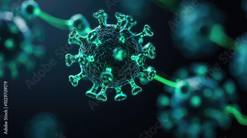 Microbe structure illustration on dark background with glowing details.