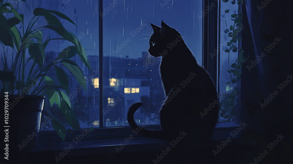 Fototapeta Lofi art, It's a rainy night and a black cat is looking out the window and listening to the rain. purple color, candles, lights, lofi, lo-fi, lofi art, animation. Lofi