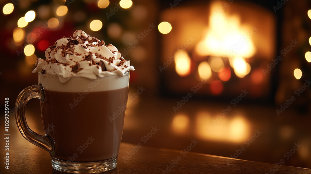 cup of hot chocolate, creating a warm, inviting atmosphere. The blurred winter backdrop enhances the feeling of comfort and relaxation during chilly days cup of hot chocolate, creating a warm, inviting atmosphere. The blurred winter backdrop enhances the feeling of comfort and relaxation during chilly days