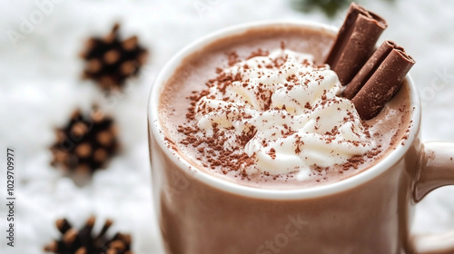 cup of hot chocolate, creating a warm, inviting atmosphere. The blurred winter backdrop enhances the feeling of comfort and relaxation during chilly days