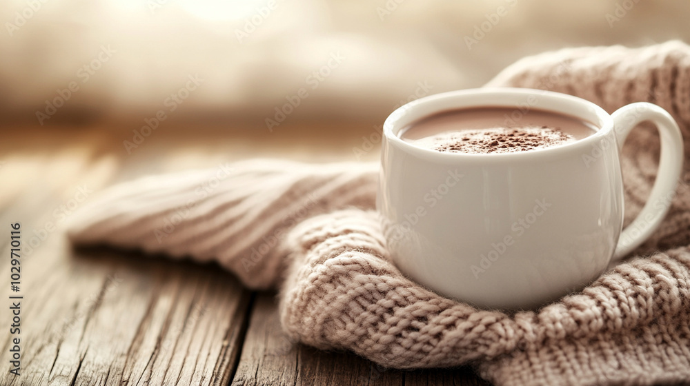 cup of hot chocolate, creating a warm, inviting atmosphere. The blurred winter backdrop enhances the feeling of comfort and relaxation during chilly days cup of hot chocolate, creating a warm, inviting atmosphere. The blurred winter backdrop enhances the feeling of comfort and relaxation during chilly days
