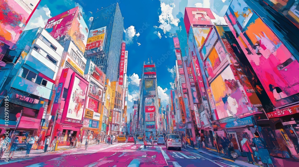 Obraz premium 70s urban scene, skyscrapers stretching skyward, graffiti-covered streets alive with bold colors, a tribute to art and architecture of a bygone era