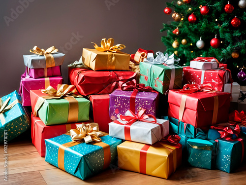 Pile of beautifully wrapped christmas presents Festive colourful gifts for family members partner and friends-generated by ai