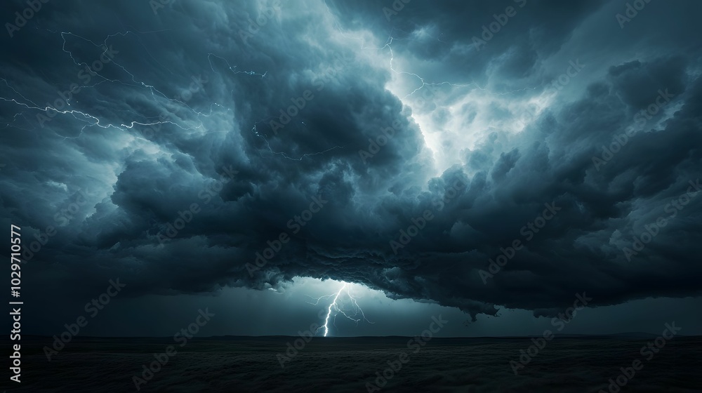A dramatic storm scene showcasing dark clouds and a striking bolt of lightning illuminating the sky over a vast ocean. A dramatic storm scene showcasing dark clouds and a striking bolt of lightning illuminating the sky over a vast ocean.