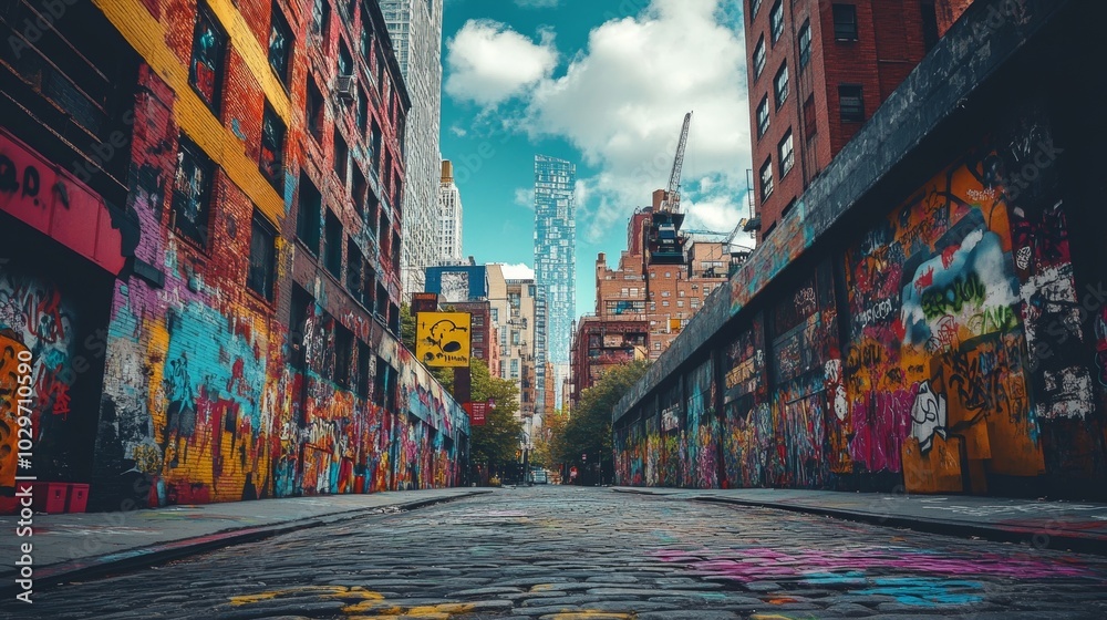 Fototapeta premium 70s urban scene, skyscrapers stretching skyward, graffiti-covered streets alive with bold colors, a tribute to art and architecture of a bygone era