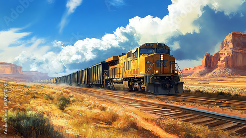 A front view of a train carrying specialized cargo for international trade, traveling through a remote landscape