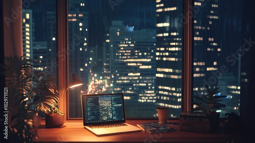 Lofi living room with laptop and study table at midnight