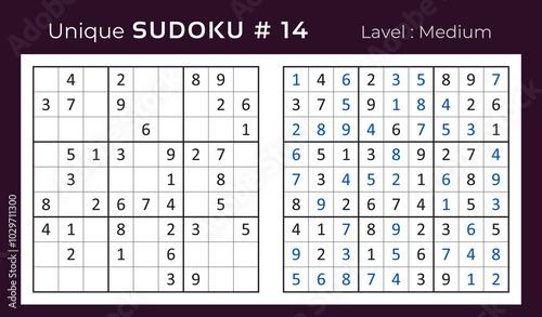 Vector design of sudoku puzzle game with answer. Mid level sudoku mathematical logic game for Kids and adult . 9 x 9 grid sudoku educational game with number vector illustration.