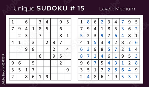 Vector design of sudoku puzzle game with answer. Mid level sudoku mathematical logic game for Kids and adult . 9 x 9 grid sudoku educational game with number vector illustration.