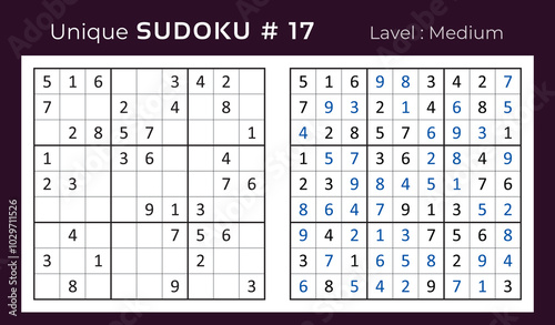 Vector design of sudoku puzzle game with answer. Mid level sudoku mathematical logic game for Kids and adult . 9 x 9 grid sudoku educational game with number vector illustration.