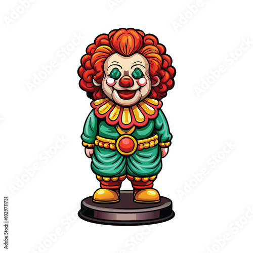 A ceramic clown doll with bright red hair and a big, happy smile, wearing a green and yellow costume.