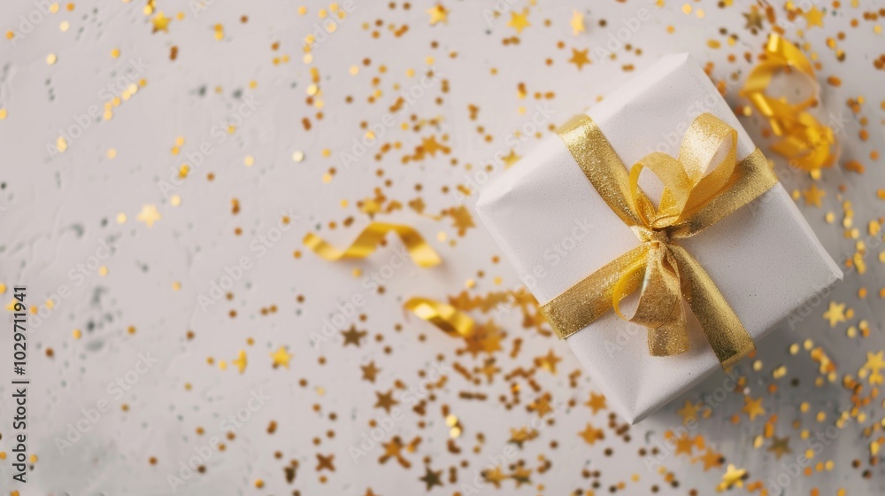 A white gift box tied with a gold ribbon surrounded by sparkling golden confetti, creating a celebratory and festive atmosphere. A white gift box tied with a gold ribbon surrounded by sparkling golden confetti, creating a celebratory and festive atmosphere.