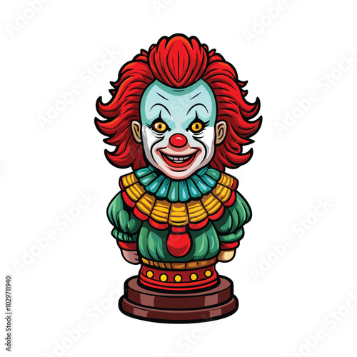 A lifelike ceramic clown doll with bright red hair and a sinister smile.