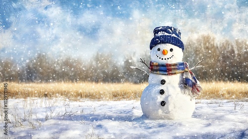 snowman in winter seasond winter landscape background photo