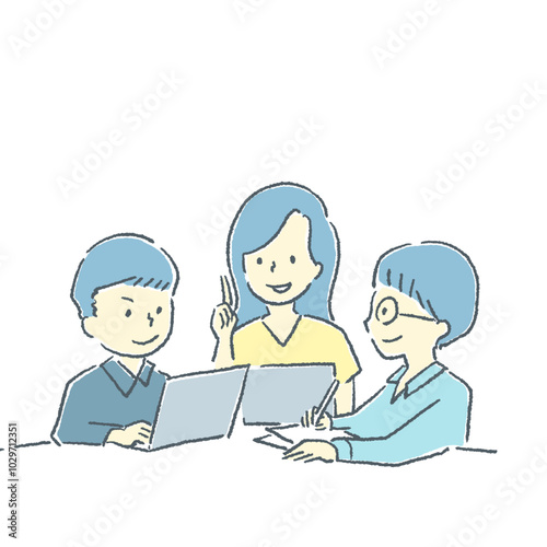3人で会議をする男性と女性の素材イラスト
