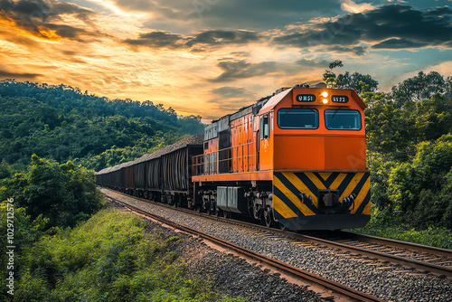 A front view of a bulk freight train transporting raw materials like coal, grain, or ore, passing through a countryside