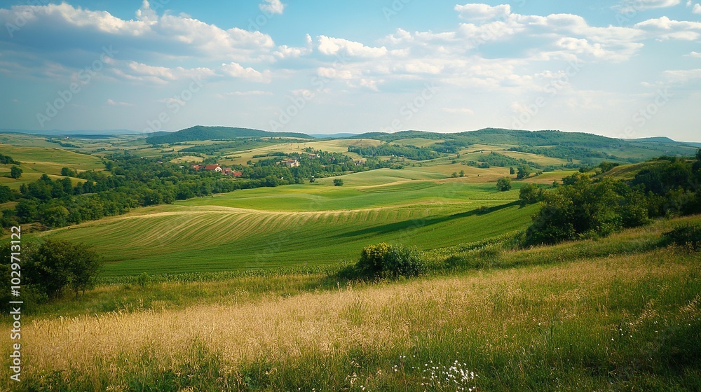 Serene Green Landscape with Rolling Hills and Clouds Serene Green Landscape with Rolling Hills and Clouds
