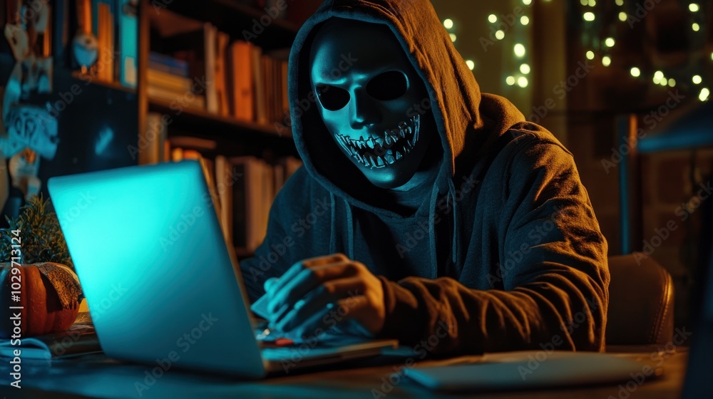Halloween hacker figure with a mask, working on digital wallet fraud, ominous and dangerous