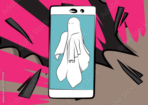 Cartoon Smartphone, comic book Telephone with Ghost. Retro vector comics pop art design.