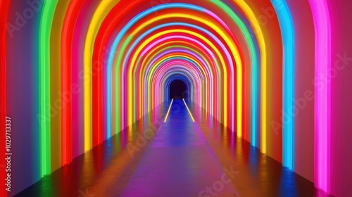 A futuristic tunnel illuminated by vibrant neon lights in rainbow colors, creating a mesmerizing, immersive atmosphere.