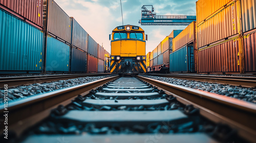 A front view of a freight train approaching, loaded with colorful shipping containers, traveling along a rail track photo