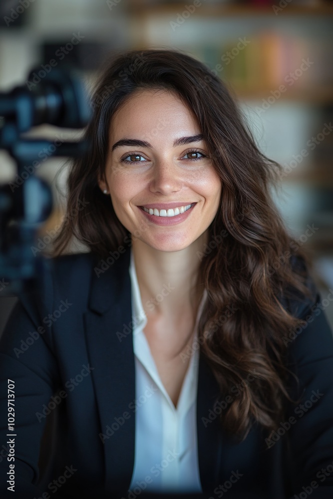 Smiling businesswoman looking at camera webcam make conference business call, recording video blog, talking with client, distance job interview, e-coaching, online training concept, headshot portrait Smiling businesswoman looking at camera webcam make conference business call, recording video blog, talking with client, distance job interview, e-coaching, online training concept, headshot portrait