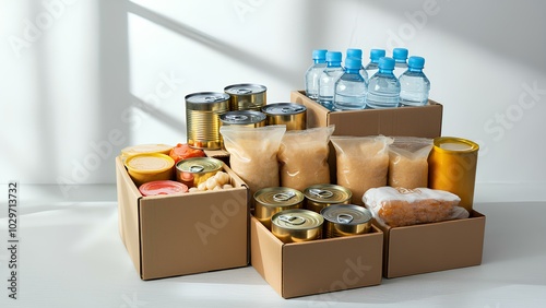 ダンボールに保管された非常食、缶詰、ペットボトルの水、レトルト食品、備蓄、白背景｜Emergency Food, Canned Food, Bottled Water, Retort Food, Stockpile, Stored in Cardboard, White Background