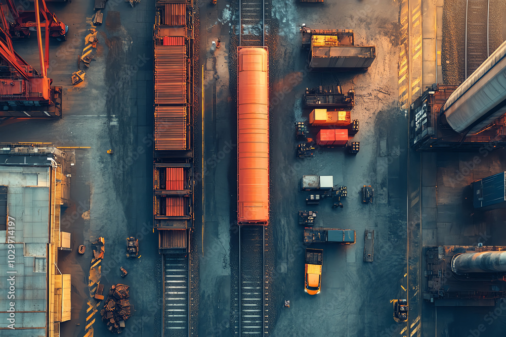 A highangle view of a freight train in a loading bay, with trucks delivering cargo to be loaded onto the train A highangle view of a freight train in a loading bay, with trucks delivering cargo to be loaded onto the train