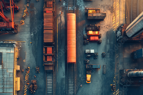 A highangle view of a freight train in a loading bay, with trucks delivering cargo to be loaded onto the train photo