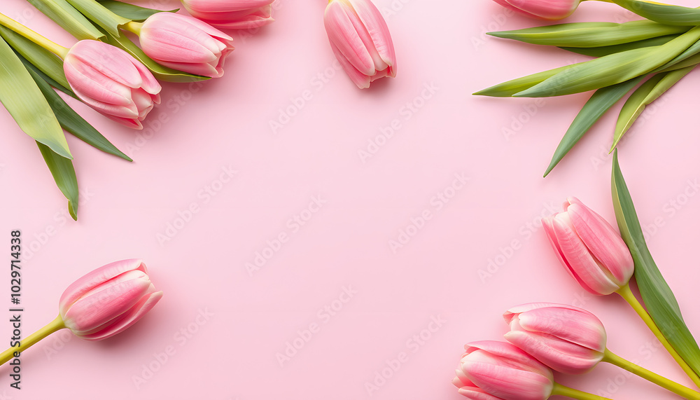 Easter composition with Pink tulips and Jellybean pattern on pink background flat lay, top view isolated with white highlights, png Easter composition with Pink tulips and Jellybean pattern on pink background flat lay, top view isolated with white highlights, png