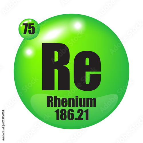 Rhenium icon. Re chemical element. Atomic number 75. Mass 186.21. Green sphere.