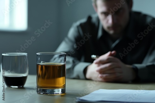 A man confronting alcohol addiction during a counseling session in a quiet room