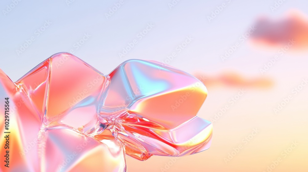 A close-up of an iridescent crystal-like structure reflecting light in pastel shades, set against a soft, dreamy sky. A close-up of an iridescent crystal-like structure reflecting light in pastel shades, set against a soft, dreamy sky.