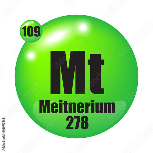 Meitnerium icon. Mt chemical element. Atomic number 109. Mass 278. Green sphere image. Vector symbol.