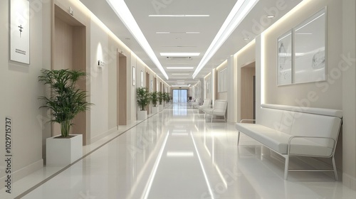 Hospital hallway design featuring bright lighting, wide walkways, and modern seating