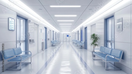 Hospital hallway design with bright, clean aesthetics and functional seating areas