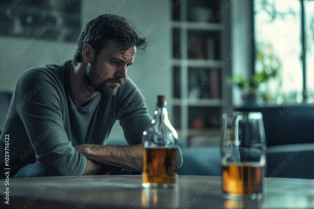 A man reflects on his struggles with alcohol addiction during a counseling session in a quiet, dimly lit room A man reflects on his struggles with alcohol addiction during a counseling session in a quiet, dimly lit room