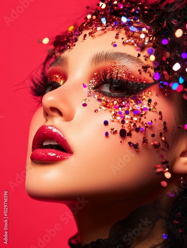 A close-up portrait of a woman with bold red lipstick and glittering eyeshadow, showcasing a glamorous makeup look perfect for a fashion and beauty festival. The intricate details and vibrant colors c