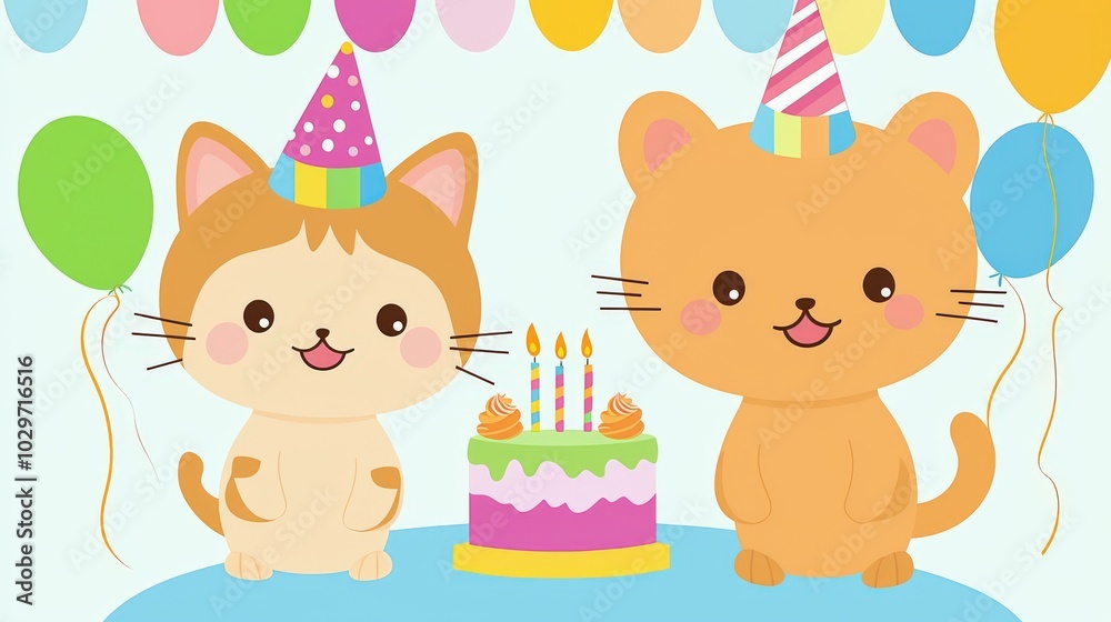 Festive Anime Style Birthday Celebration with Cute Cats Festive Anime Style Birthday Celebration with Cute Cats