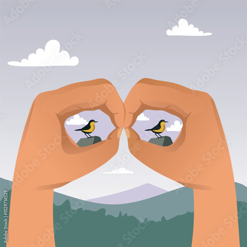 Two hands mimicking the shape of binoculars, with each "lens" framing a bird perched on a rock. There are mountains and a sky with clouds. The image metaphorically suggests observation 