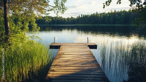 Serene Lakeside View at Dawn with Wooden Dock