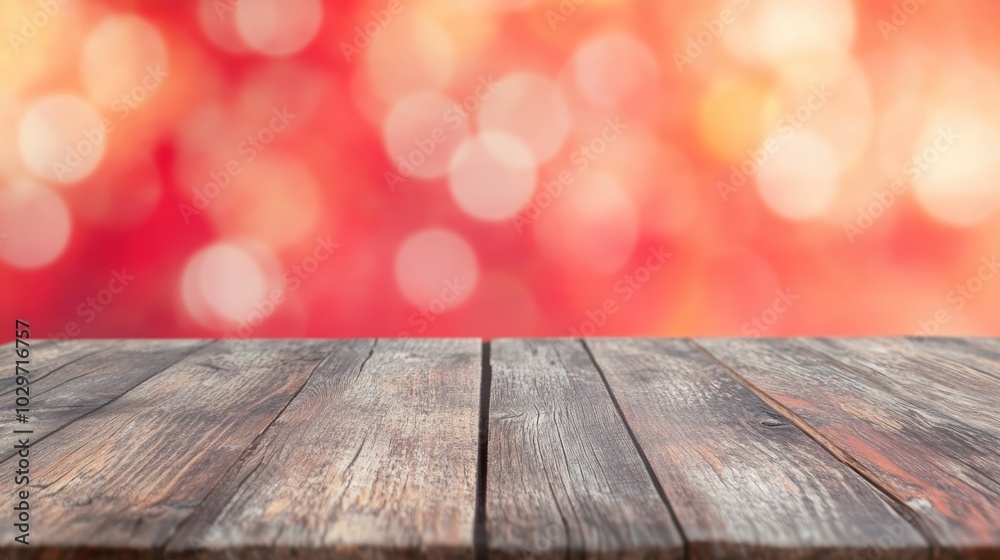 Rustic wooden table in sharp focus with soft red bokeh lights in the background, evoking a festive and vibrant atmosphere. Rustic wooden table in sharp focus with soft red bokeh lights in the background, evoking a festive and vibrant atmosphere.