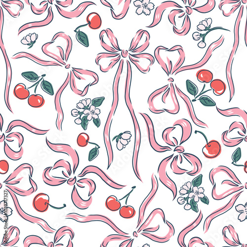 Pattern seamless cherries , flower and bows isolated on transparent background.