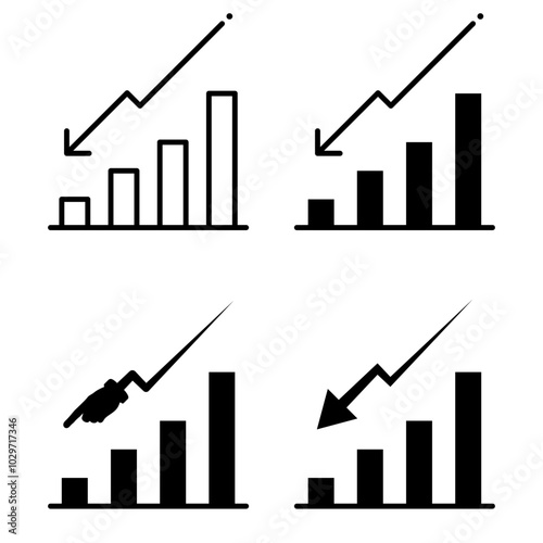 Bar graph icon set The downward arrow indicates declining turnover in black on a white background.